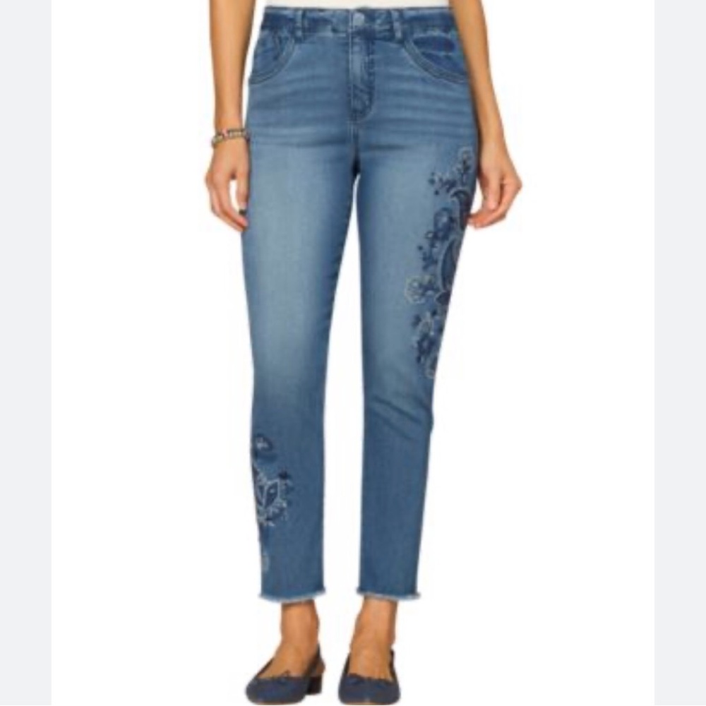 Democracy Denim Ankle Jeans with Floral Embroidery - Blue